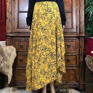 Du Jour Yellow Navy Floral Asymmetrical Cascade Maxi Skirt